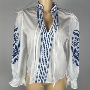Boho Peasant Blouse  M Top White Blue Cutout Romantic Sleeve Ukraine Style ESQ